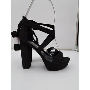 NWOB Dream Pairs Black Suede 5.5" High block heel ankle wrap dressy sandals 6